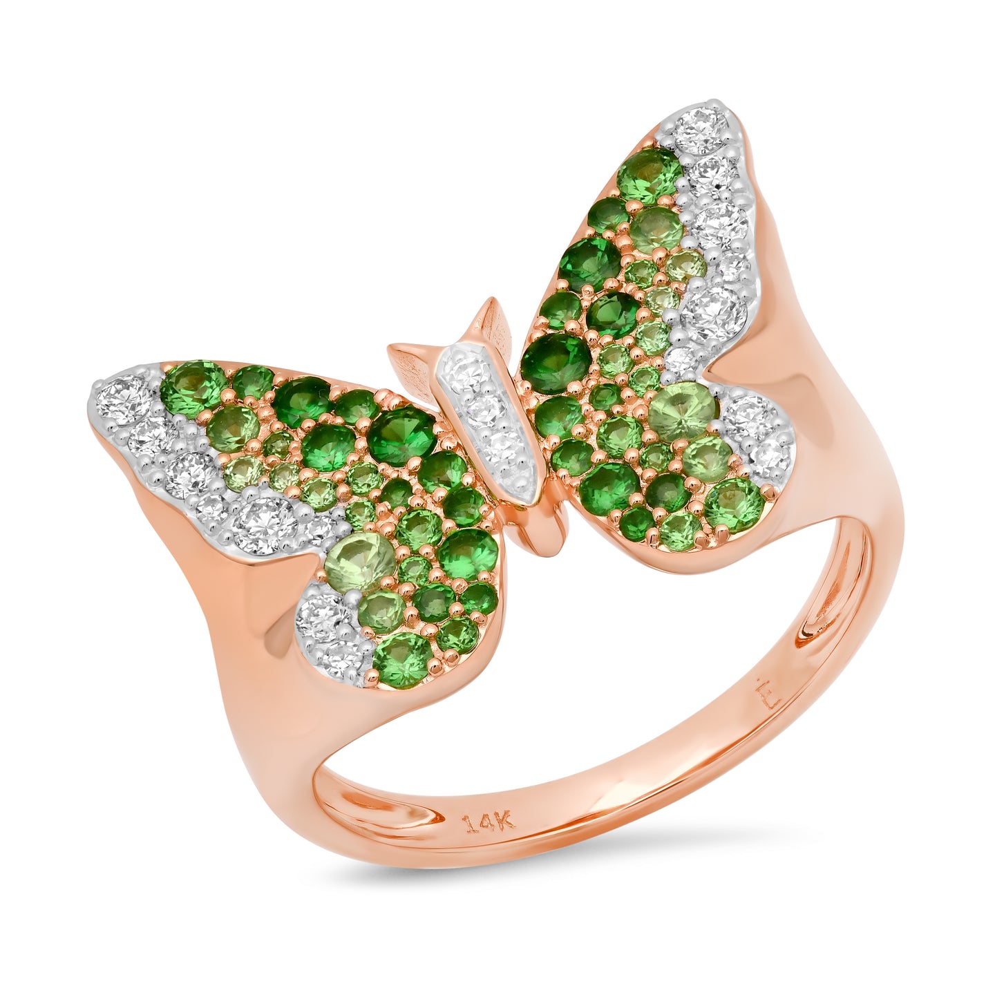 14k Rose Gold Green and Diamond Ombré Butterfly Signet Ring